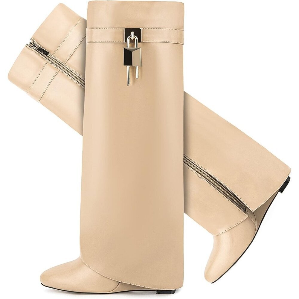 Women Faux Leather Beige Pull-on Wedge Heel Knee Shark Padlock Design Boot
